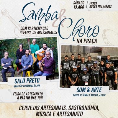 ‘Samba e Choro na Praça’ acontecerá neste sábado (13) com apresentação dos grupos ‘Galo Preto’ e ‘Som&Arte’; confira a programação.