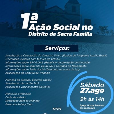 1ª Ação Itinerante no Distrito de Sacra Família acontecerá neste sábado (27); confira a programação.