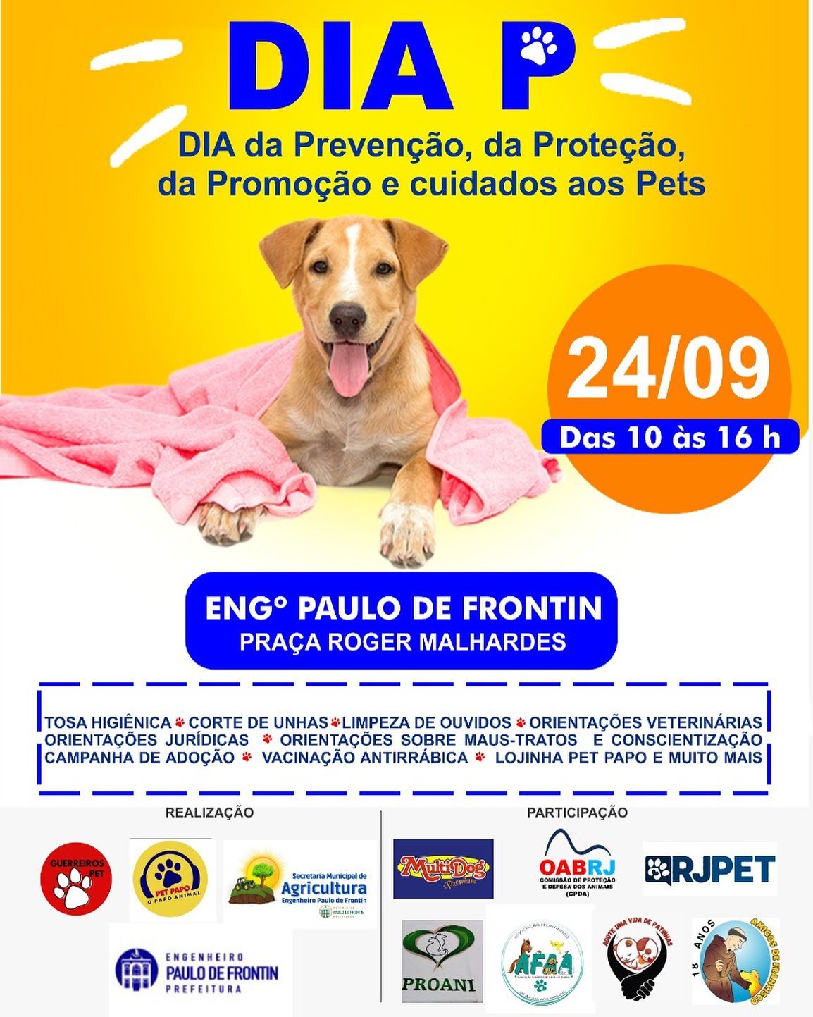 “Dia P” – de prevenção, proteção e cuidados com os animais acontecerá no próximo sábado (24).