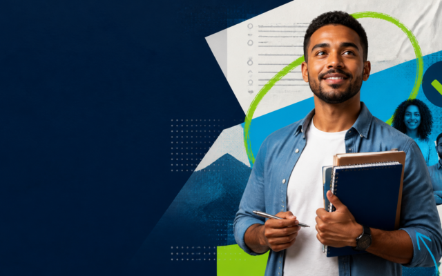 Arte da campanha do Concurso Público 01/2026 com candidato segurando materiais de estudo