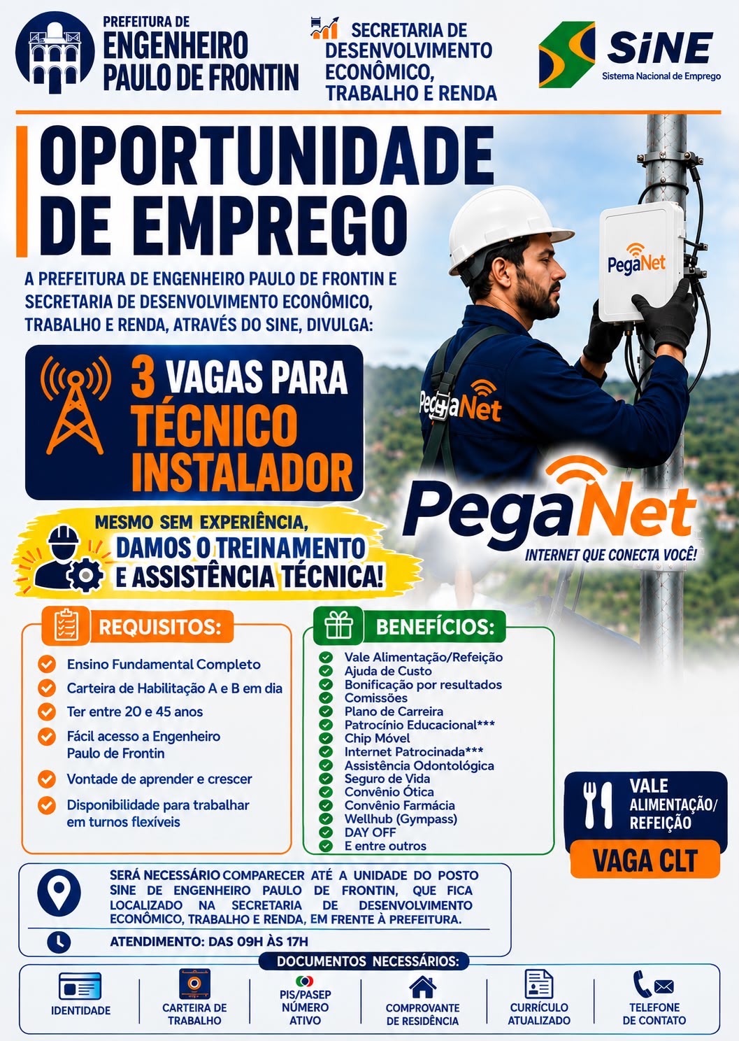 Técnico Instalador — PegaNet — cartaz com informações transcritas na oportunidade